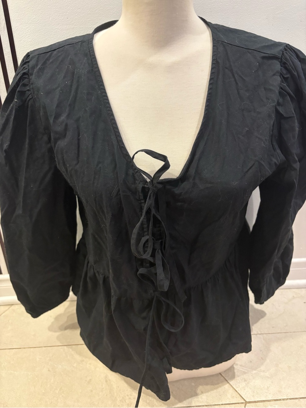 Black Tie-Front Women’s Peasant Top